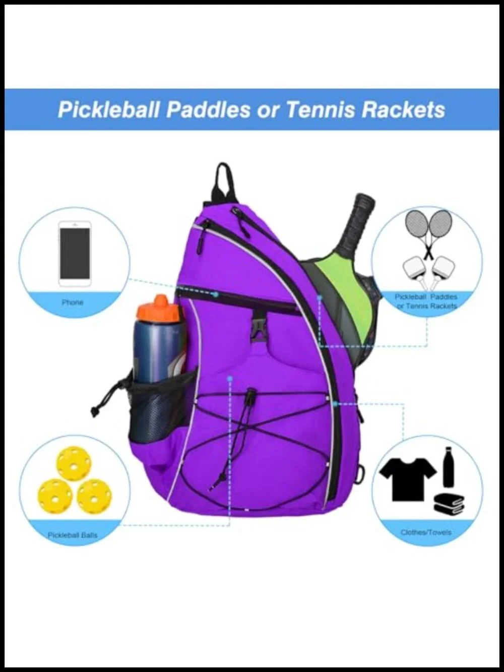 Pickleball Bag Crossbody Sling Backpack with Fence Hook for Tennis Racketball